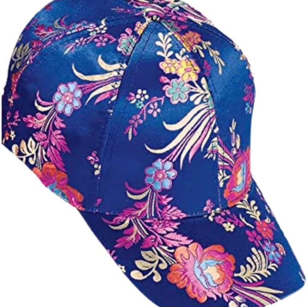 Silk Floral Baseball Cap Women's Adjustable 3 Brim Embroidered Cap Blue